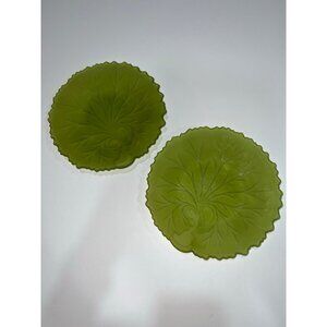 Vintage Indiana Glass "Pebble Leaf" salad plates in avocado green.